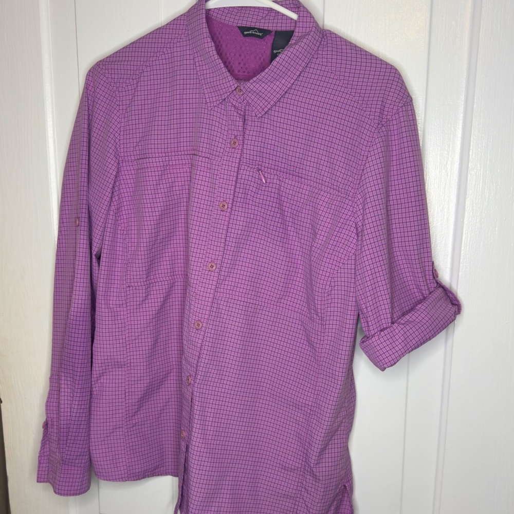 Eddie Bauer Performance Vented Women’s Size Large Lavender Purple Plaid Shirt